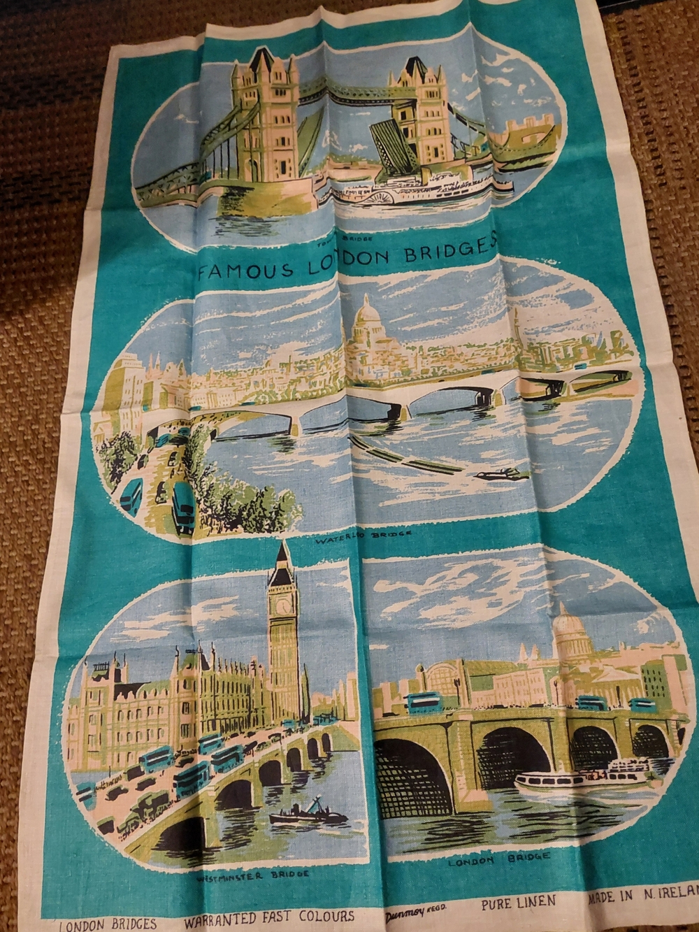 Vintage-Style London Bridges Linen Tea Towel - Turquoise